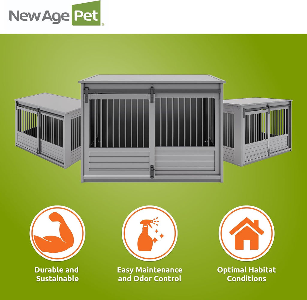 New Age Pet ECOFLEX® X-Large Barn Door Dog Crate & End Table, Indoor Furniture Style Kennel for Medium & Large Dogs, Durable Material in White and Grey