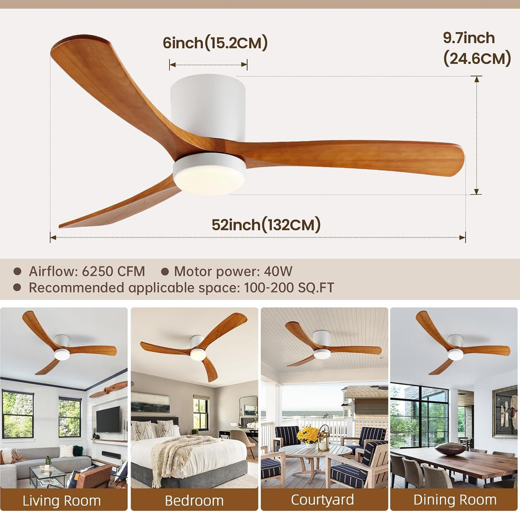 GESUM Ceiling Fan With Light, 52' Flush Mount Ceiling Fan with 3 Wood Blades, Reversible,Dimmable, for Living Room Kitchen Bedroom(White+Wood)
