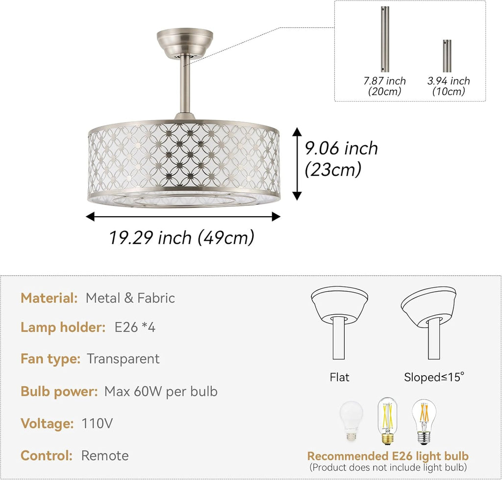 Silver Fandelier Ceiling Fan with Light, 20' Caged Silver Chandelier Ceiling Fans with Lights Remote Control, Fabric Mid-Century Modern with 6 Speeds for Bedroom, Nursery, Living Room.