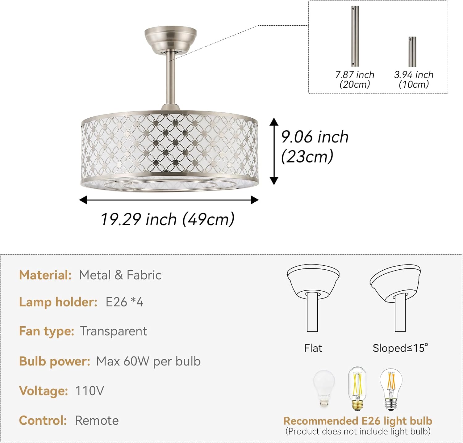 Silver Fandelier Ceiling Fan with Light, 20' Caged Silver Chandelier Ceiling Fans with Lights Remote Control, Fabric Mid-Century Modern with 6 Speeds for Bedroom, Nursery, Living Room.