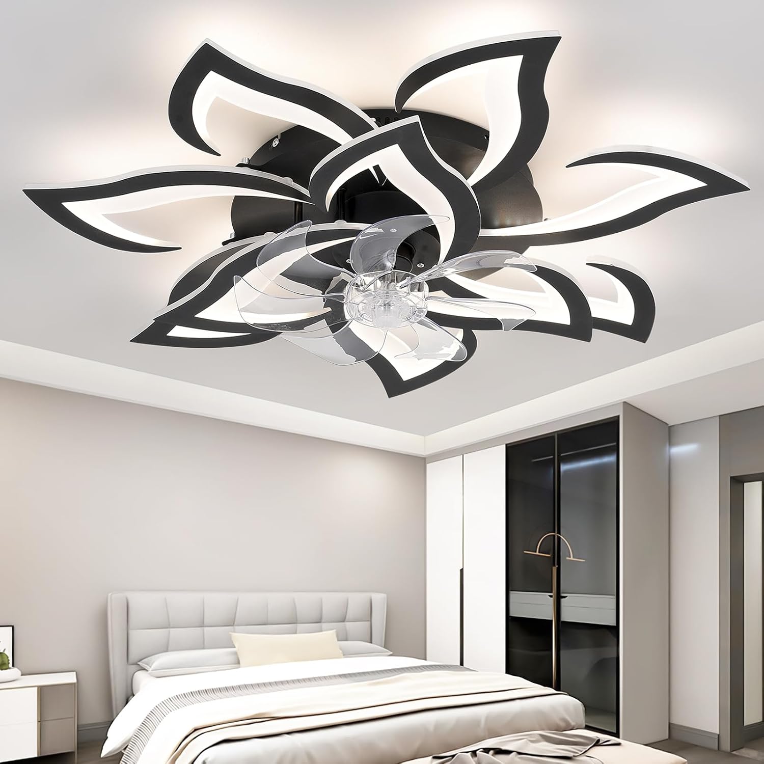32' Black Flower Ceiling Fan with Lights Remote Control, Modern LED Low Profile Flush Mount Ceiling Fan with Light for Kitchen Bedroom Living Room