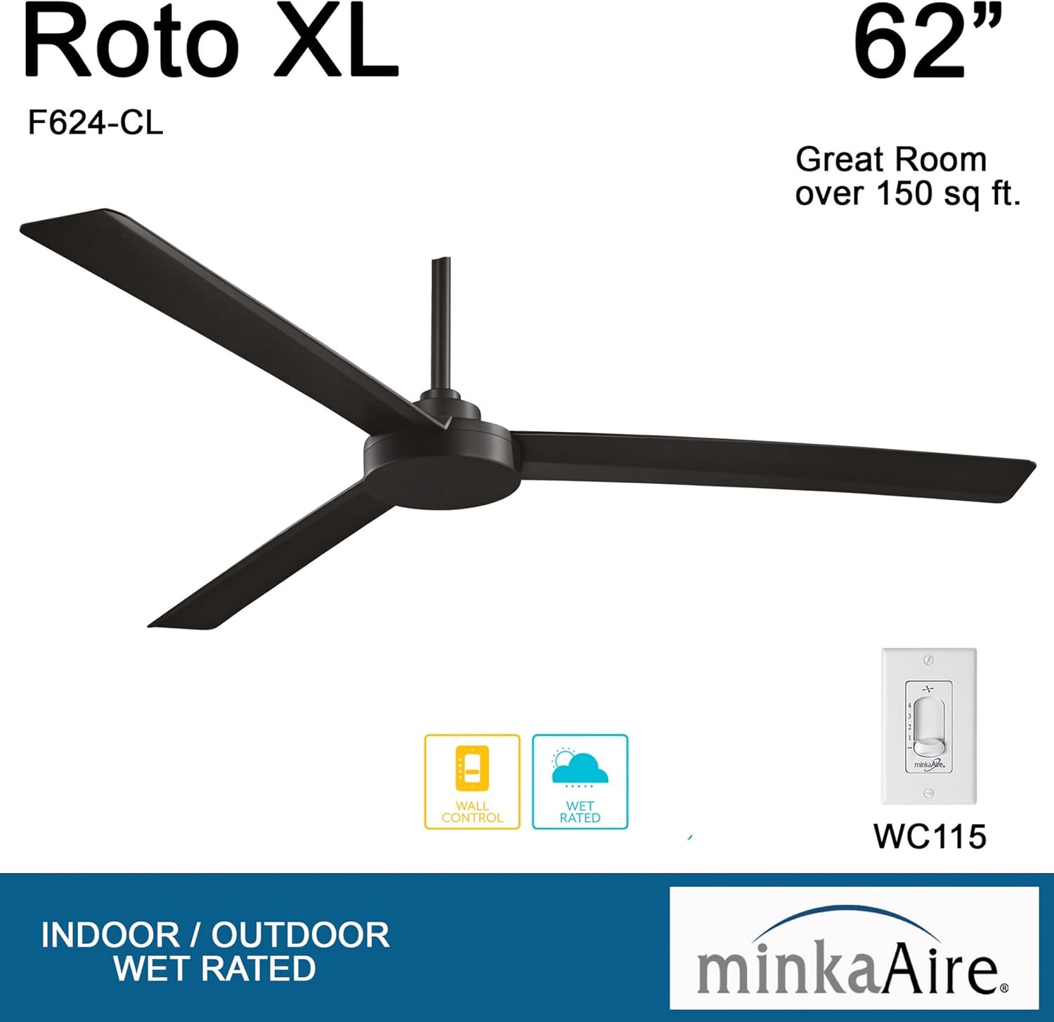 Minka Aire F624-CL Roto XL 62-Inch Outdoor Ceiling Fan, Coal