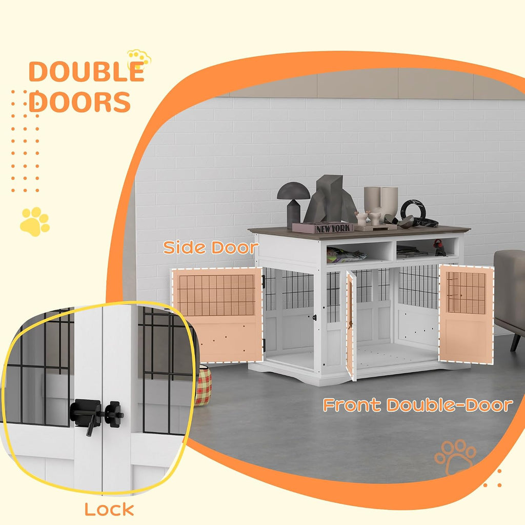 PawHut Dog Crate Furniture Side End Table with Storage, 41' Modern Wooden Dog Kennel Furniture with Double Doors for Small and Medium Dogs, White