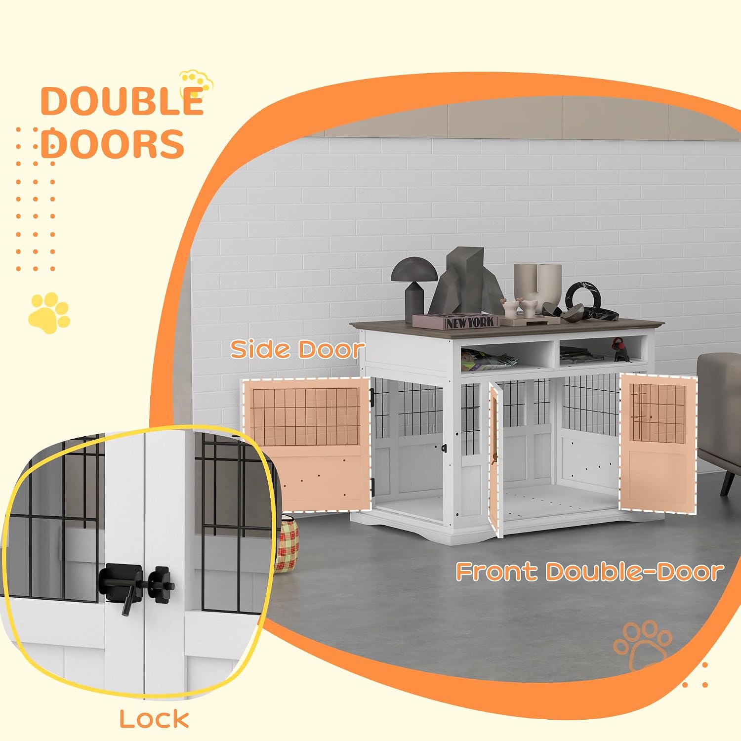 PawHut Dog Crate Furniture Side End Table with Storage, 41' Modern Wooden Dog Kennel Furniture with Double Doors for Small and Medium Dogs, White