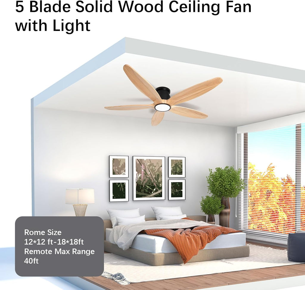 Wood Ceiling Fan with Lights, 52Inch Flush Mount Ceiling Fan with Remote Control, 5 Blades, DC Motor,3CCT,Natural Wooden Ceiling Fans for Bedroom, Living Room, Home Office,Indoor