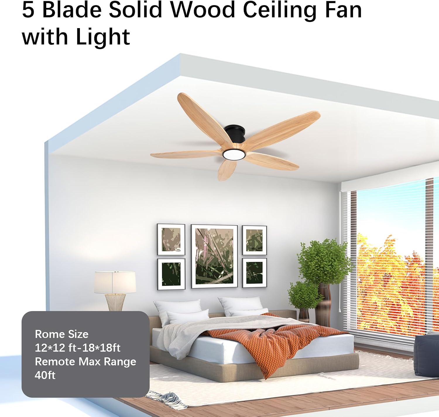 Wood Ceiling Fan with Lights, 52Inch Flush Mount Ceiling Fan with Remote Control, 5 Blades, DC Motor,3CCT,Natural Wooden Ceiling Fans for Bedroom, Living Room, Home Office,Indoor