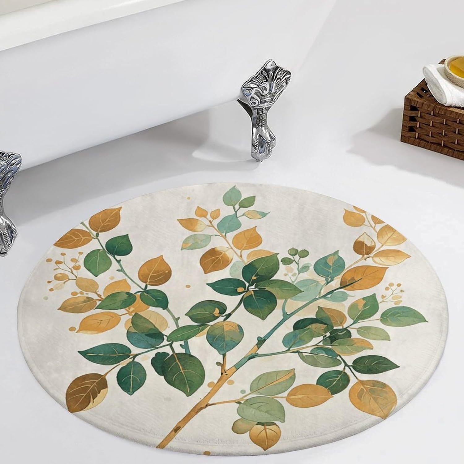 Watercolor Golden Green Plant Branches Coral Velvet Round Floor Mat Non-Slip Bath Rug Floor Covering for Bathroom Vanity Guest Suite & Vacation Home