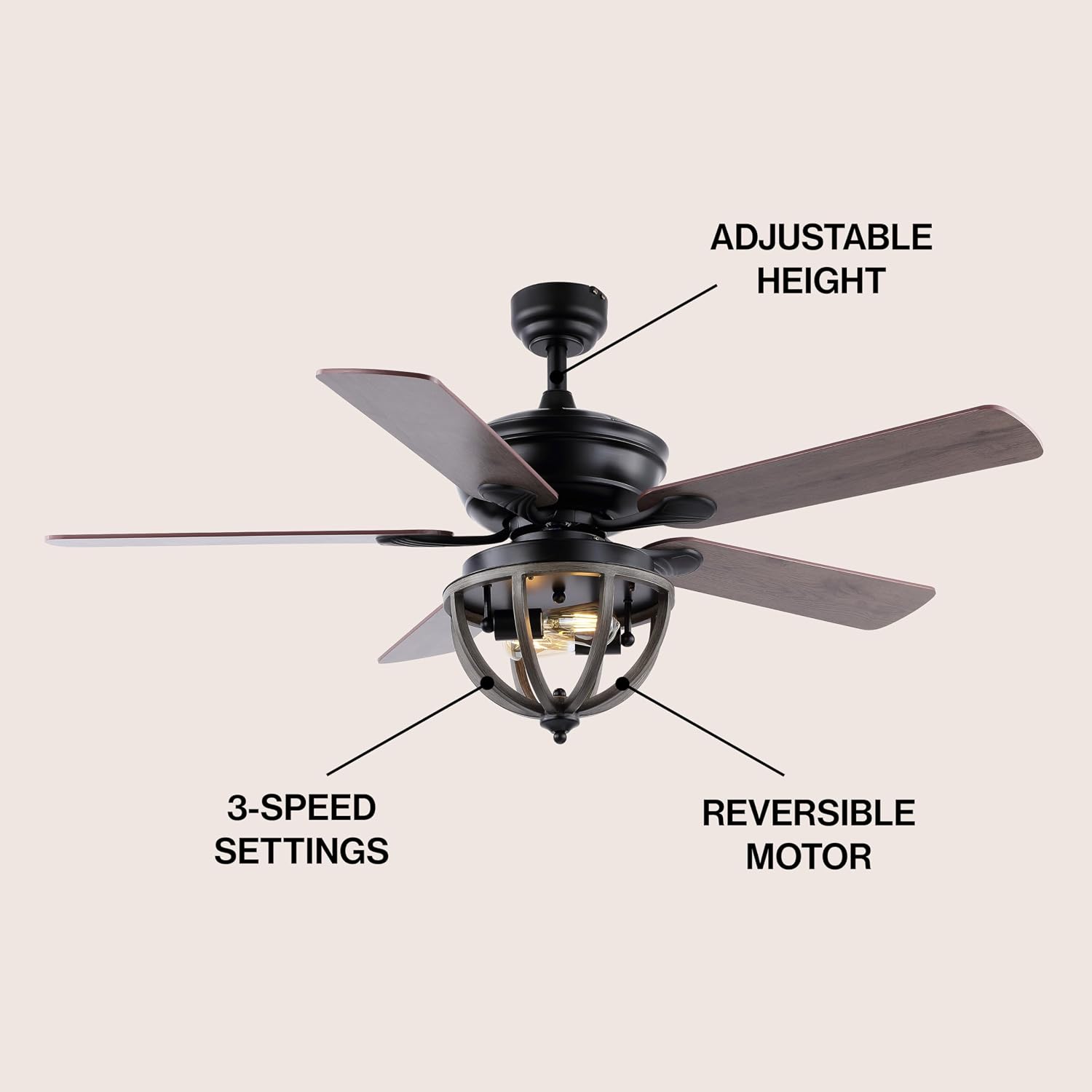 JONATHAN Y 52' Black 2-Light Iron LED Ceiling Fan with Remote, 5 Reversible Ashwood/Coffee Brown Blades, Farmhouse Industrial Metal Dome Shade, ETL Listed, LED Bulbs Included JYL9613A