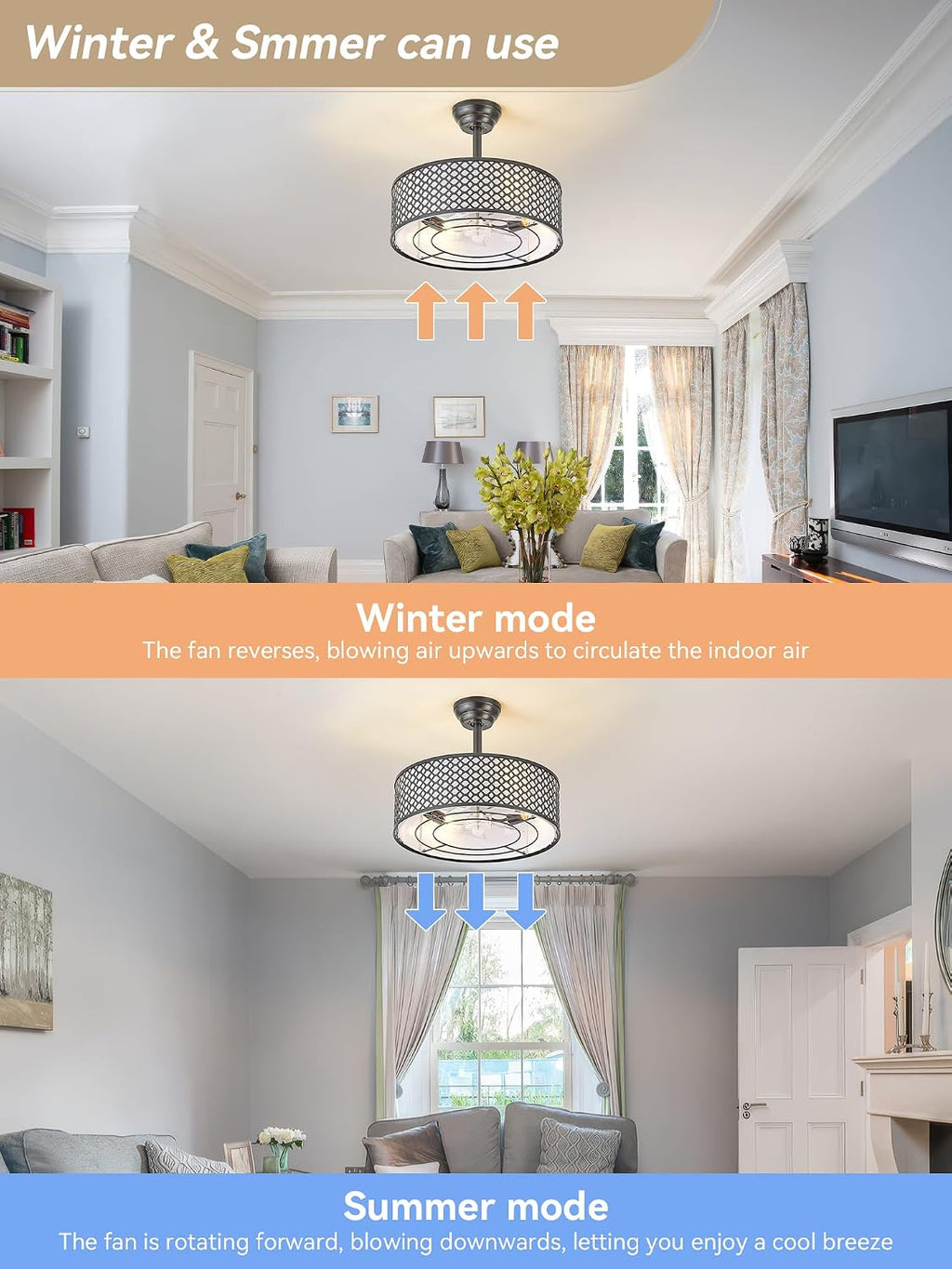 Black Fandelier Ceiling Fan with Light, 20' Caged Boho Ceiling Fans with Lights and Remote, Mid Century with 6 Speeds for Bedroom, Living Room, Nursery