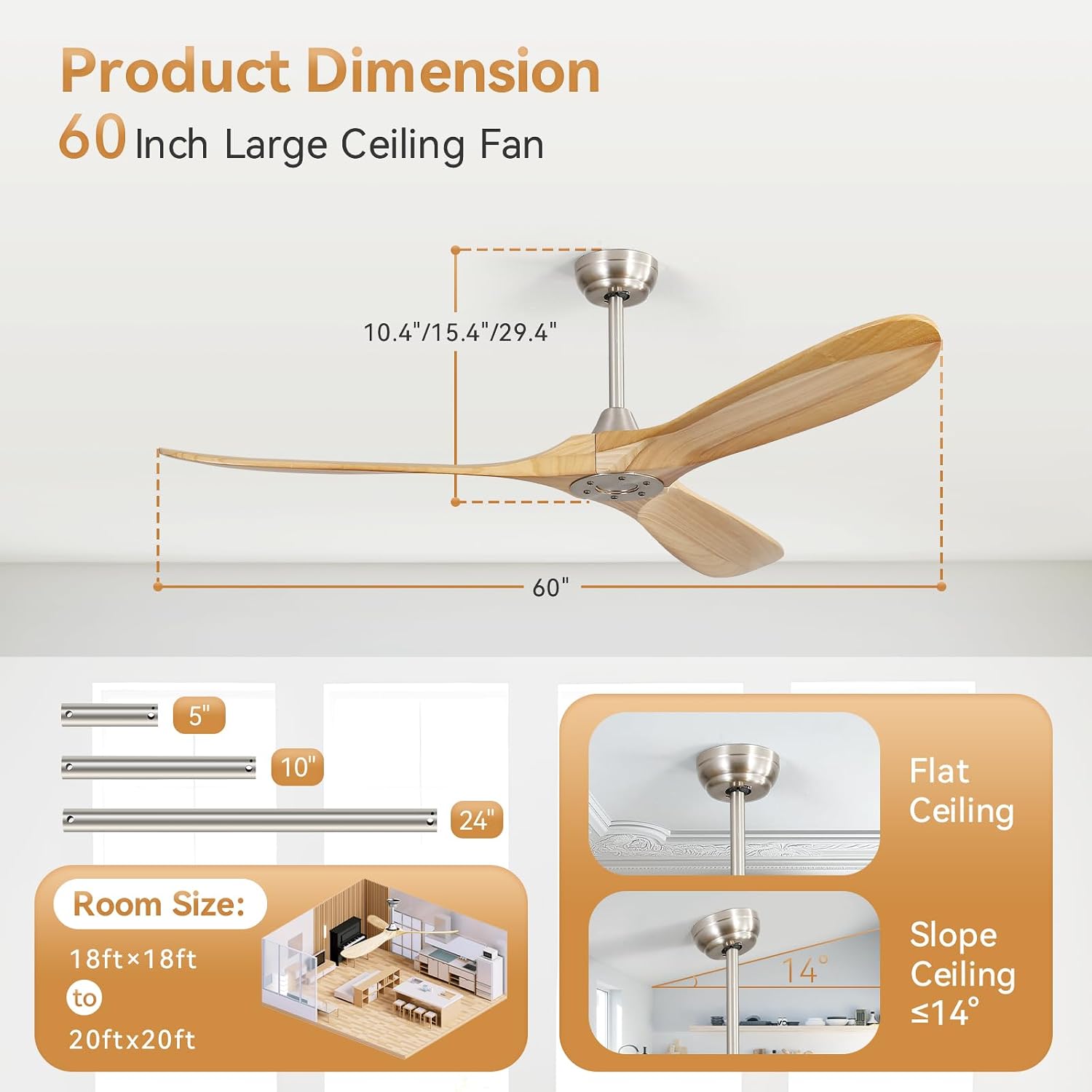 Sofucor 60 Inch Ceiling Fan No Lights, Solid Wood Ceiling Fans without Lights Remote Control, Indoor/Outdoor Ceiling Fans with Quite DC Motor for Living Room Bedroom Farmhouse Patio