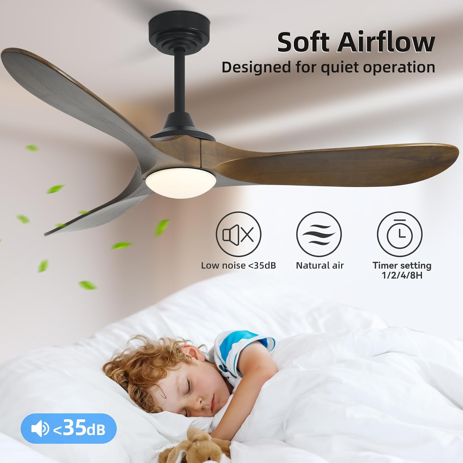52' Outdoor Ceiling Fan with Light, Compatible with Alexa/Google, 3 Walnut Solid Wood Blade, Noiseless Reversible Dc Motor, Smart Outdoor Wood Ceiling Fan for Farmhouse Patios, Bronze