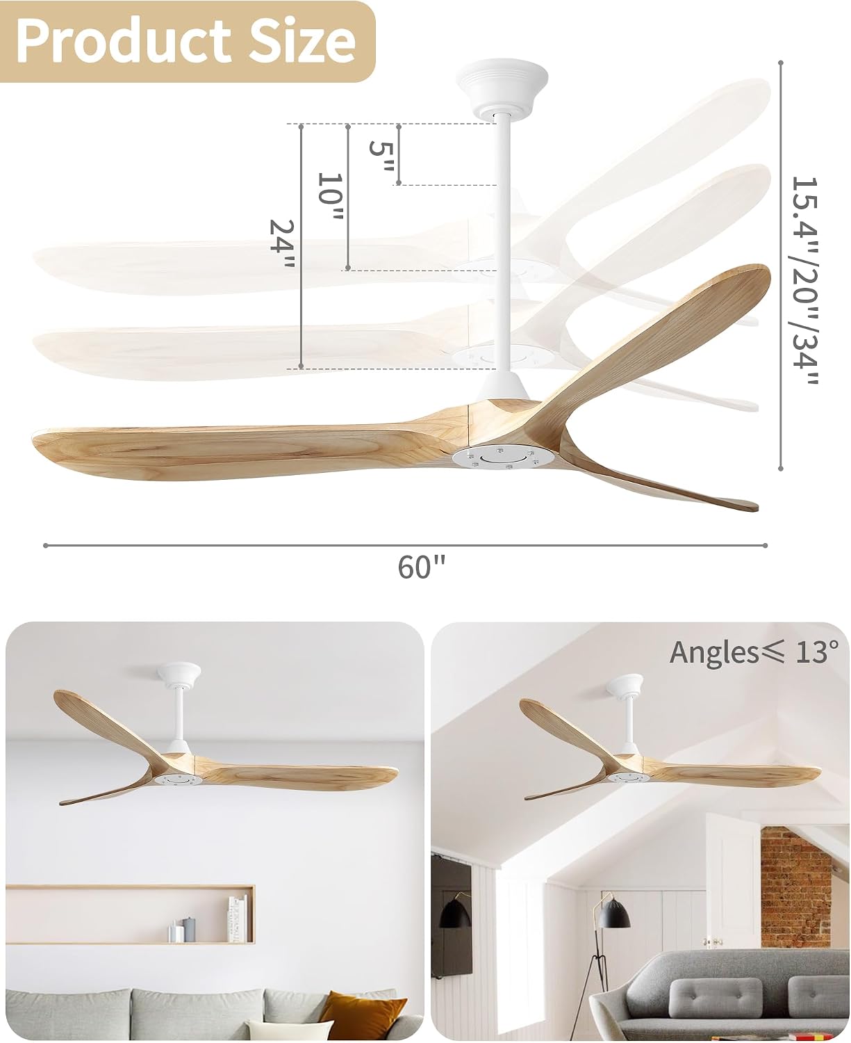 Sofucor 60 Inch Ceiling Fans No Light-Outdoor Ceiling Fan with Remote Control, 3 Blade Reversible DC Motor, Modern Wood Ceiling Fan Without Light for Bedroom Indoor Patios Farmhouse, Burlywood