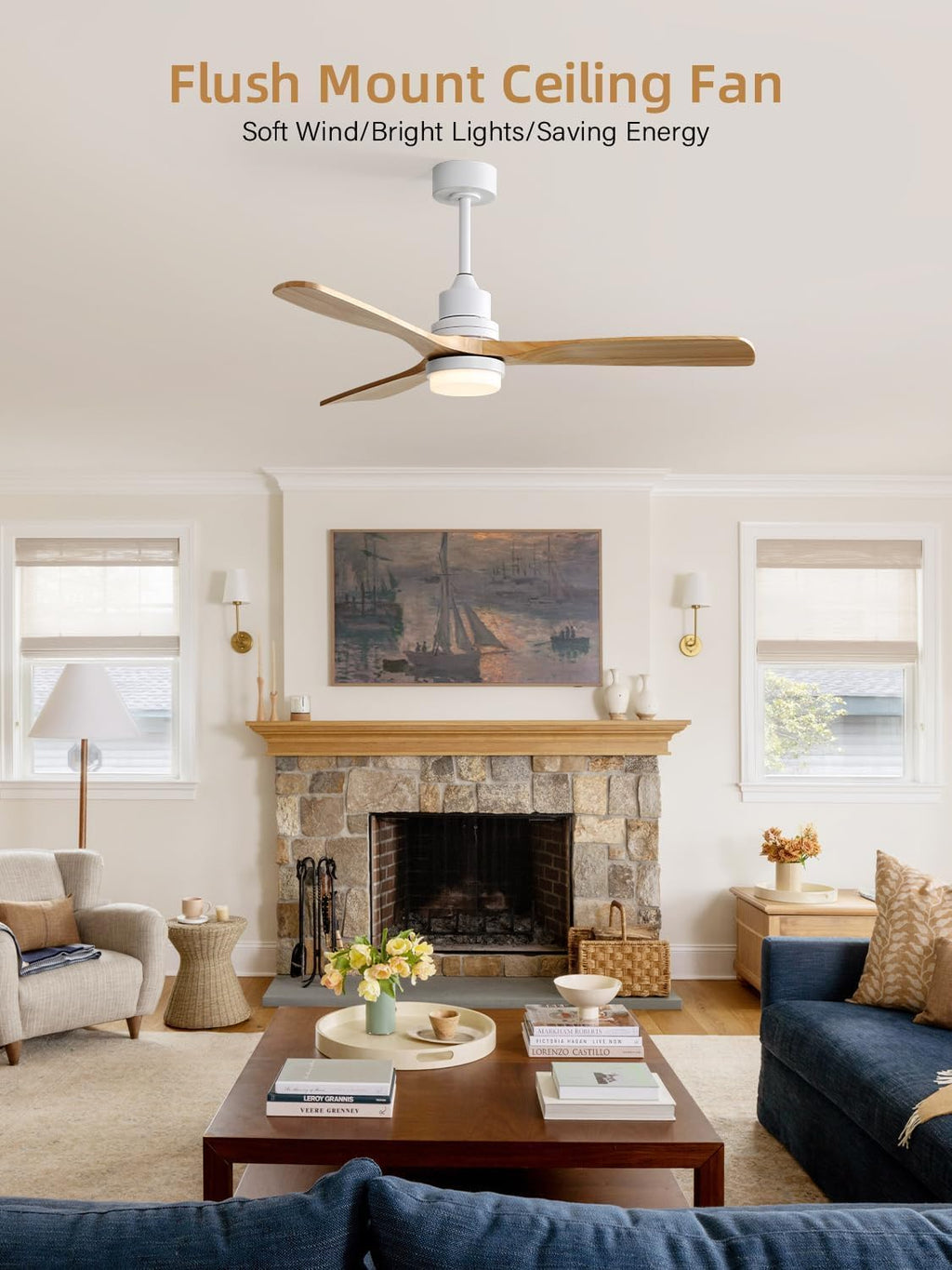 Sofucor 52 Inch Smart Ceiling Fans with Lights and Alexa/Google Assistant/APP/Remote Control-Modern Solid Wood Outdoor 3 Blades Ceiling Fan for Indoor/Bedroom/Living Room/Kitchen/Patio, Natural Wood