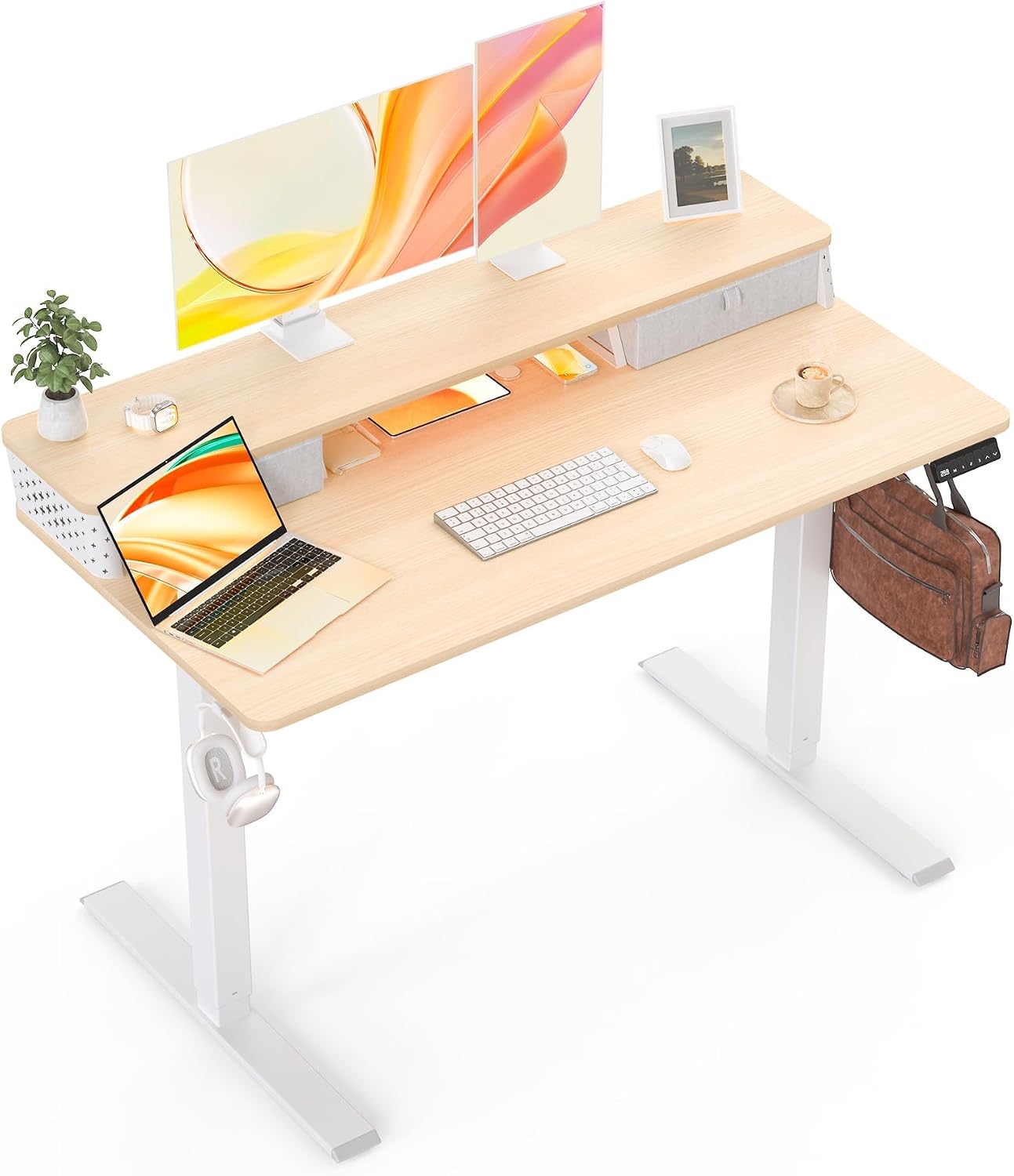 Electric Standing Desk with Two Drawers,48 x 24 Inch Sit Stand Desk Adjustable Height, Stand Up Desk with Storage Shelf, Computer Workstation for Home Office, Oak
