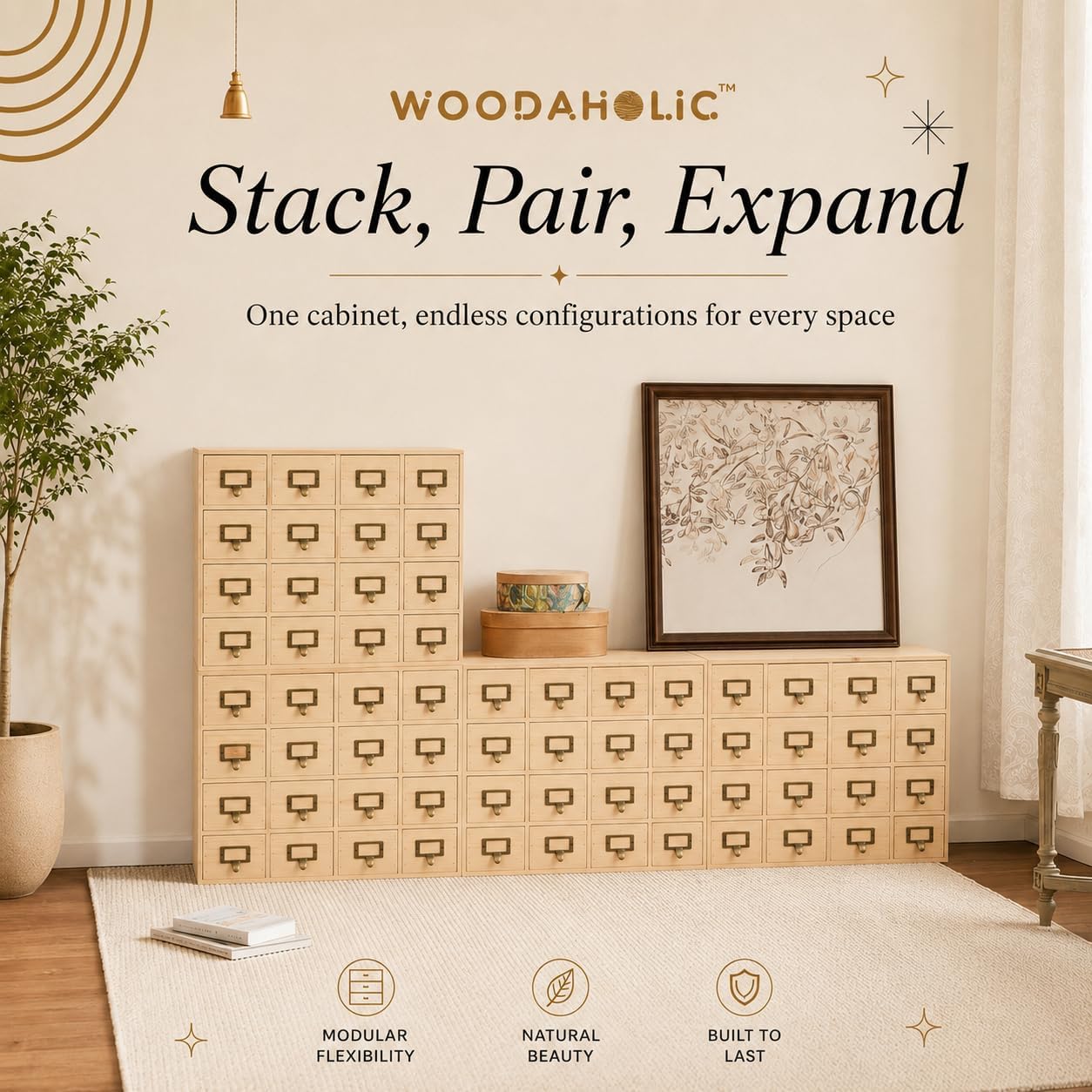 Creative Storage Wall 64-Drawer Modular Apothecary Cabinet, Stackable Light Wood Library Card Catalog Organizer with Label Holders, for Stickers, Beads, Pins, Stamps & Scrapbooking