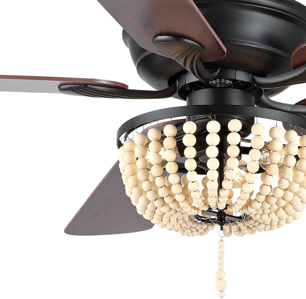 JONATHAN Y 52' Black/Light Brown 3-Light LED Ceiling Fan with Remote and App Control, Bohemian Farmhouse Chandelier, Light Brown Wood Bead Shade, Reversible Wood Blades (JYL9618B)