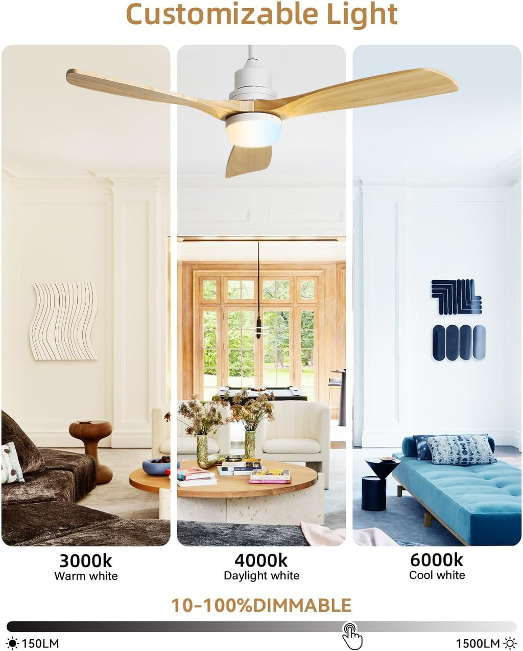 Sofucor 52 Inch Ceiling Fans with Lights and Remote Control-Modern Solid Wood Blade Outdoor Ceiling Fan for Bedroom Living Room Indoor/Bedroom/Living Room/Patio/Dining Room,Quiet DC Motor,Natural Wood