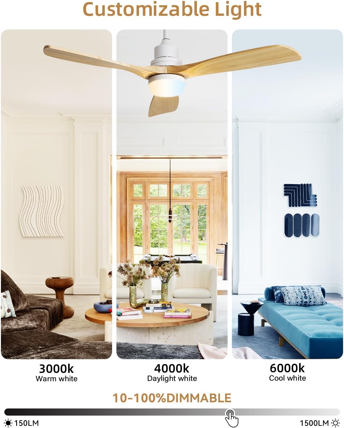 Sofucor 52 Inch Ceiling Fans with Lights and Remote Control-Modern Solid Wood Blade Outdoor Ceiling Fan for Bedroom Living Room Indoor/Bedroom/Living Room/Patio/Dining Room,Quiet DC Motor,Natural Wood