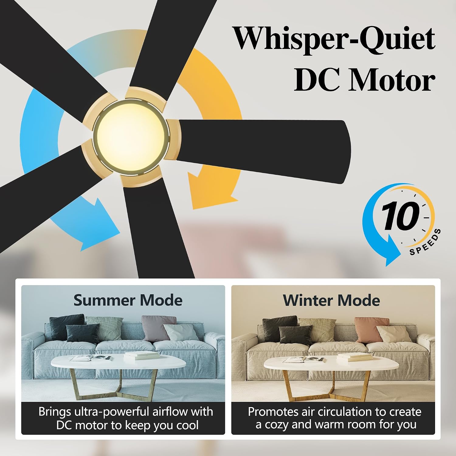 SMAAIR 52 Inch Black Ceiling Fan with Lights Remote Control and 10 Speed DC Motor, Low Profile Ceiling Fan with Dimmable Light works with Alexa/Google Assistant/Siri Shortcuts, 5 Blade, Black/Gold