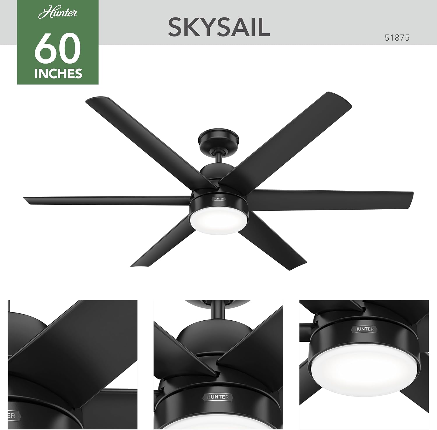 Hunter 60 inch Outdoor or Indoor Ceiling Fan with LED Light - Black Ceiling Fan with Wall Control, For Patio, Garage, or Porch, Quiet, Standard Mount, 6 Blades - Skysail 51875, Matte Black