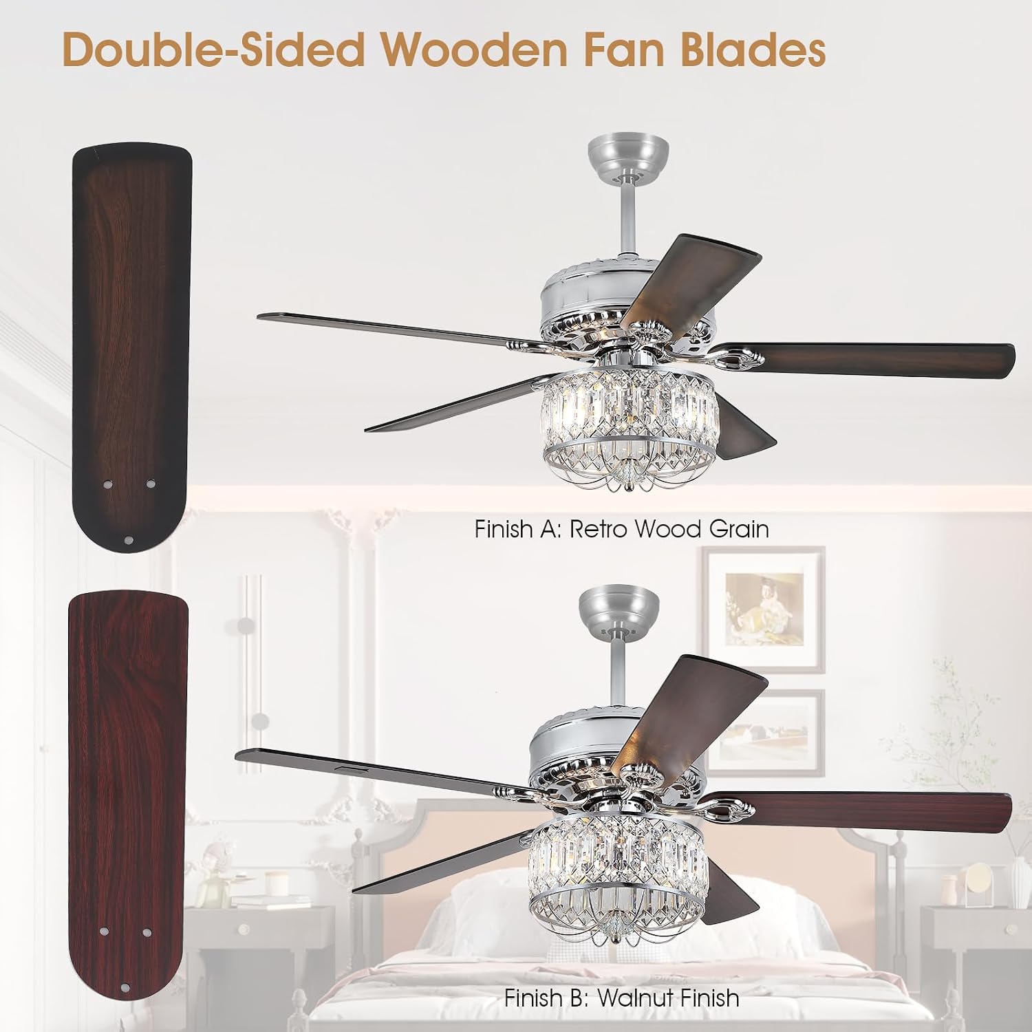 Kviflon Farmhouse Crystal Ceiling Fans with Lights and Remote, 52 Inch Chandelier Ceiling Fans, Chrome Fandelier Ceiling Fan for Bedroom Living Room, Quiet DC Motor, Reversible, Bulb not Included