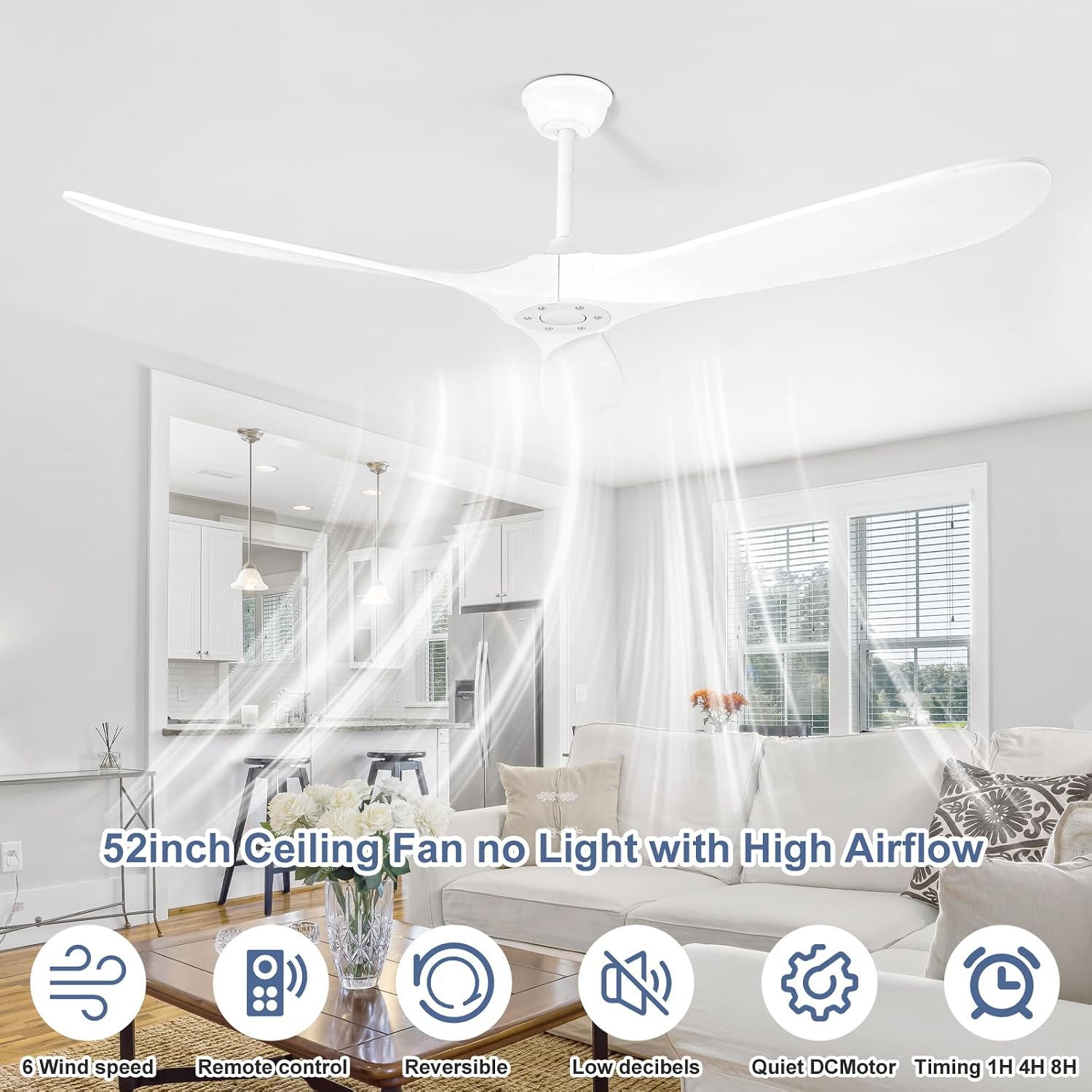 Solid Wood Ceiling Fans no Light, Ceiling Fan with Remote Control,DC Motor with Large Airflow,Indoor and Outdoor Ceiling Fan for Living Room,Bedroom,Patios（White,52 Inch）