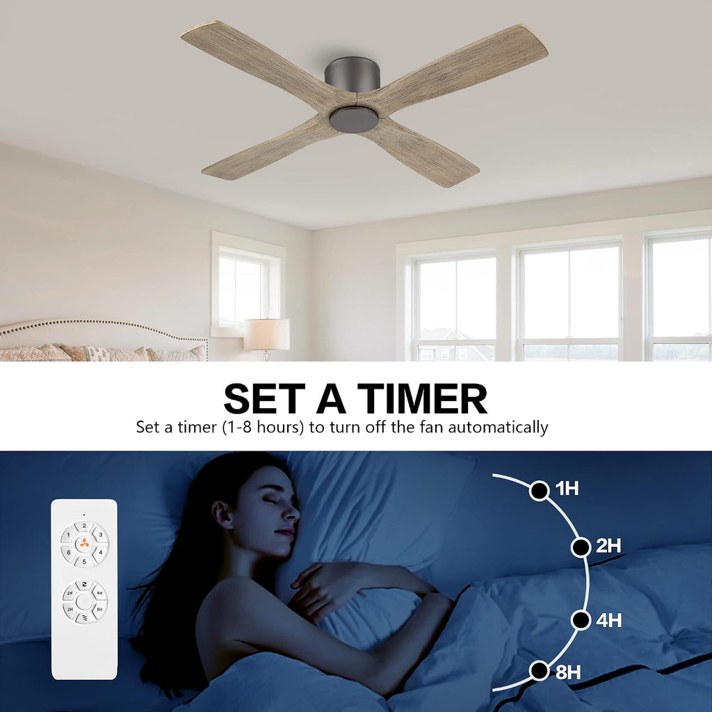 WINGBO 54 Inch Flush Mount DC Ceiling Fan without Lights, 4 Reversible Carved Wood Blades, 6-Speed Noiseless DC Motor, Hugger Ceiling Fan No Lights in Graphite Finish with Gray Blades, ETL Listed