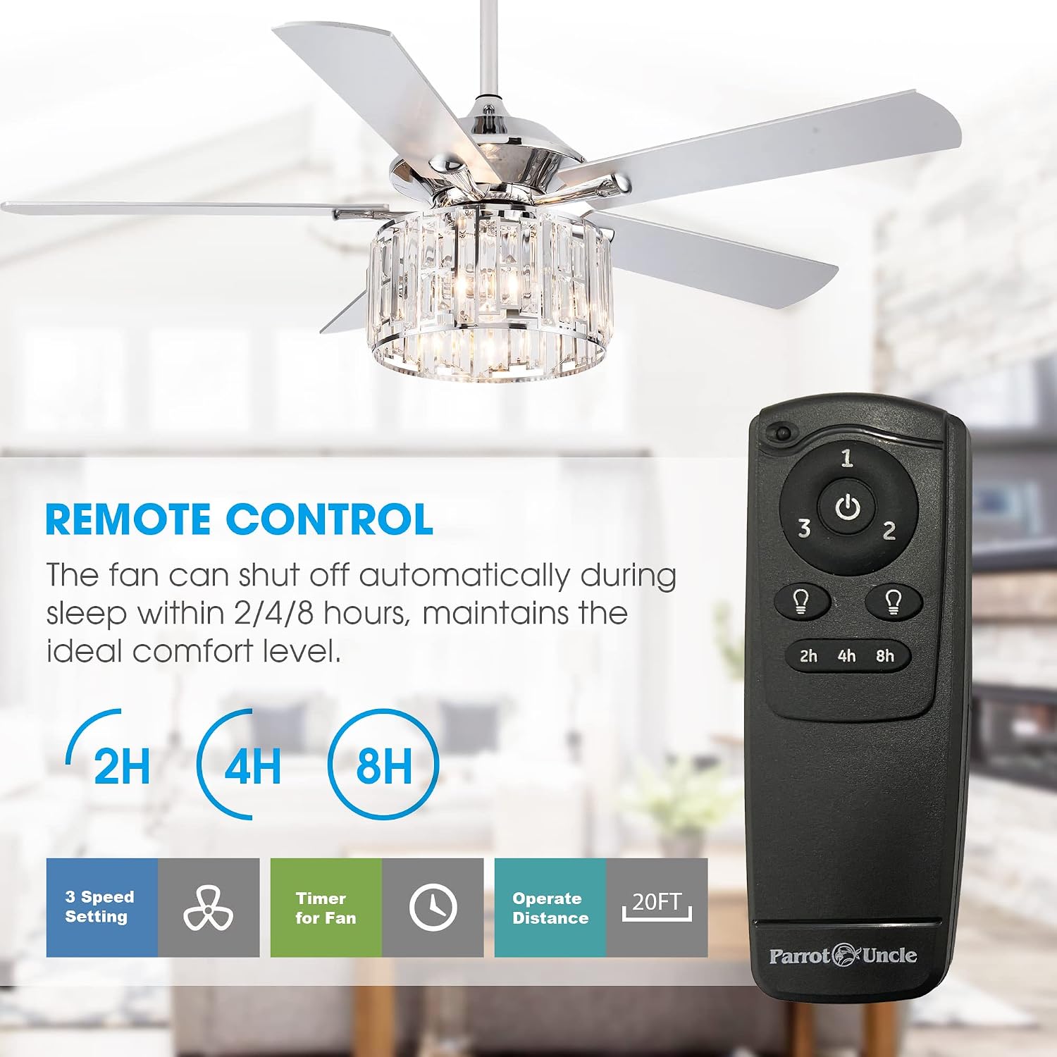 Parrot Uncle Ceiling Fans with Lights and Remote 52 Inch Ceiling Fan with Light for Bedroom Crystal Chandelier Outdoor Ceiling Fans for Patios Covered, Silver