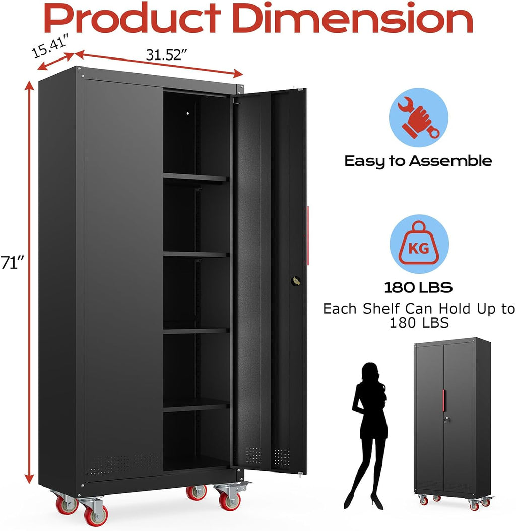 LMTC 71' H Garage Storage Cabinet with 4 Adjustable Shelves and Wheels, Lockable Metal Storage Cabinet for Garage, Home, Warehouse, Assembly Required,Black