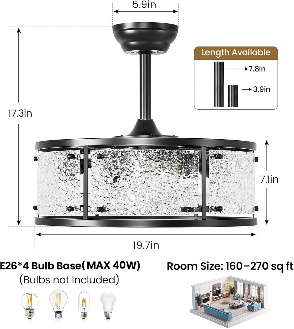 AIJIASI 20' Caged Ceiling Fans with Lights, Black Fandelier Ceiling Fan with Light Remote Control, Low Profile Mid Century Chandelier Ceiling Fan with 6 Speeds for Bedroom, Nursery, Living Room