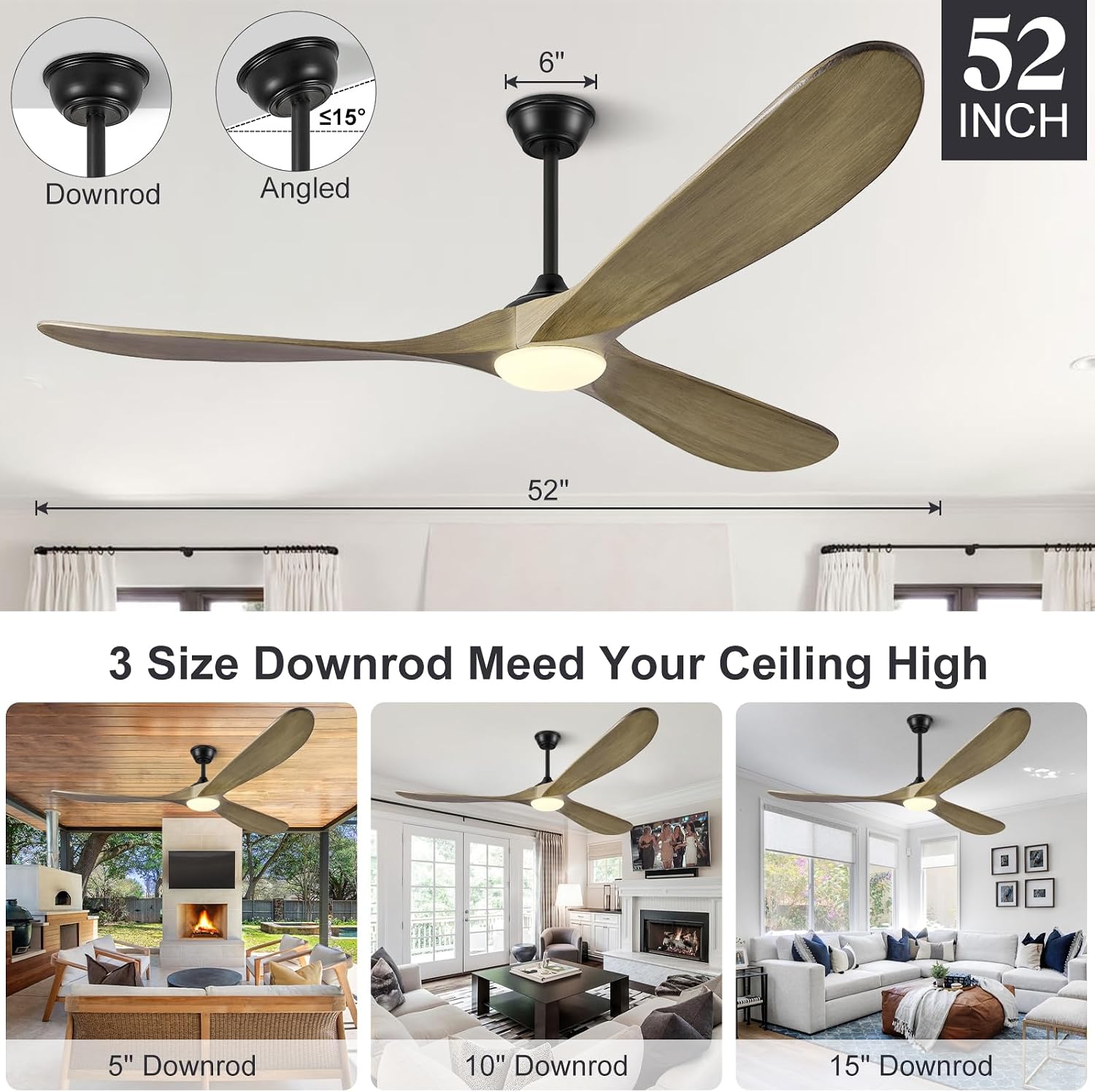 Eliora 52 Inch Ceiling Fans with Lights, Wood Outdoor Ceiling Fan for Patio and Remote Control Rustic Propeller Large Ceiling Fans with Light Farmhouse Indoor Quiet High cfm, Bronze Gray