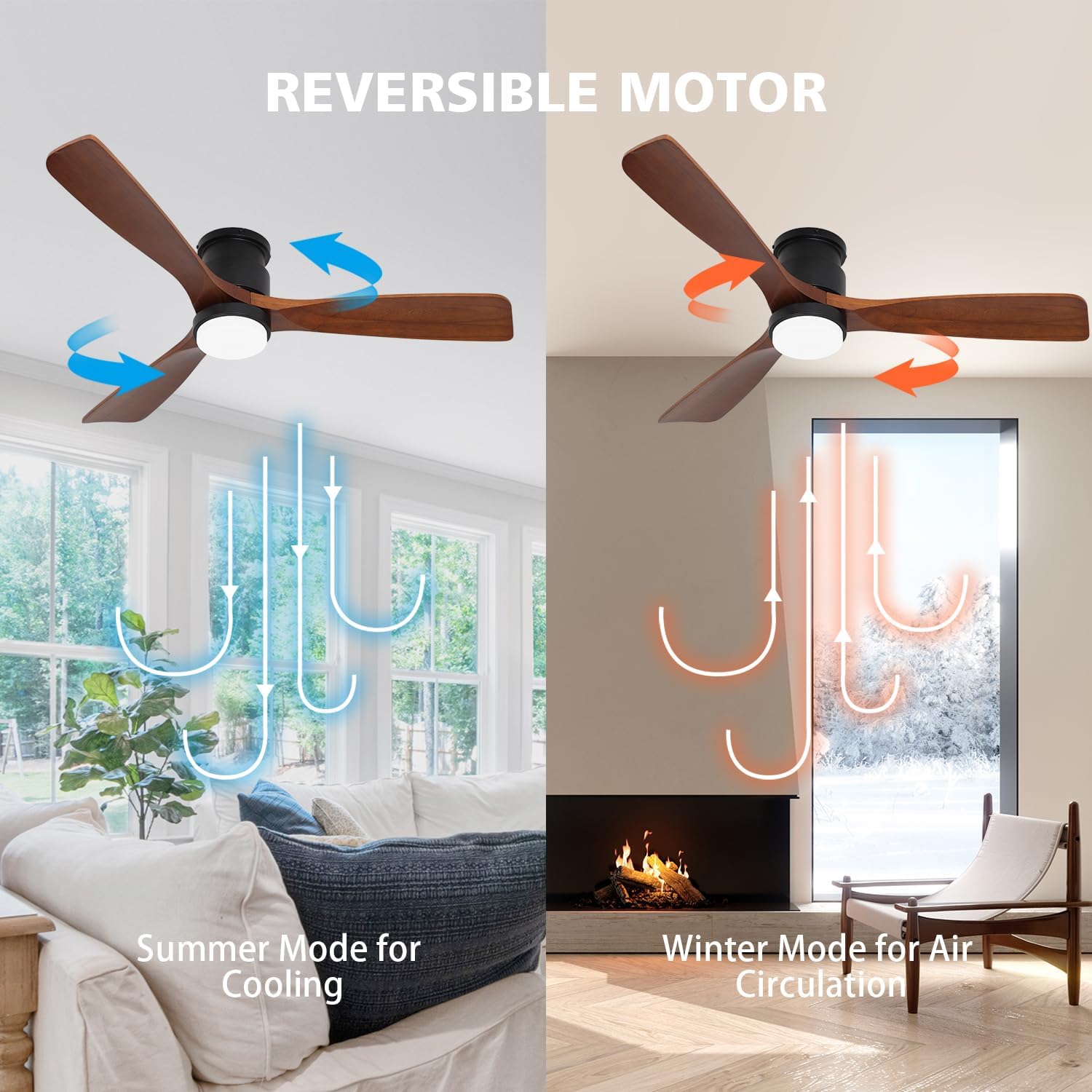 52' Ceiling Fans Flush Mount with Lights and Remote Control, Dark Brown Solid Wood Ceiling Fans for Indoor Outdoor Farmhouse, Timing 6 Speeds 3 Color Light with Memory Lighting