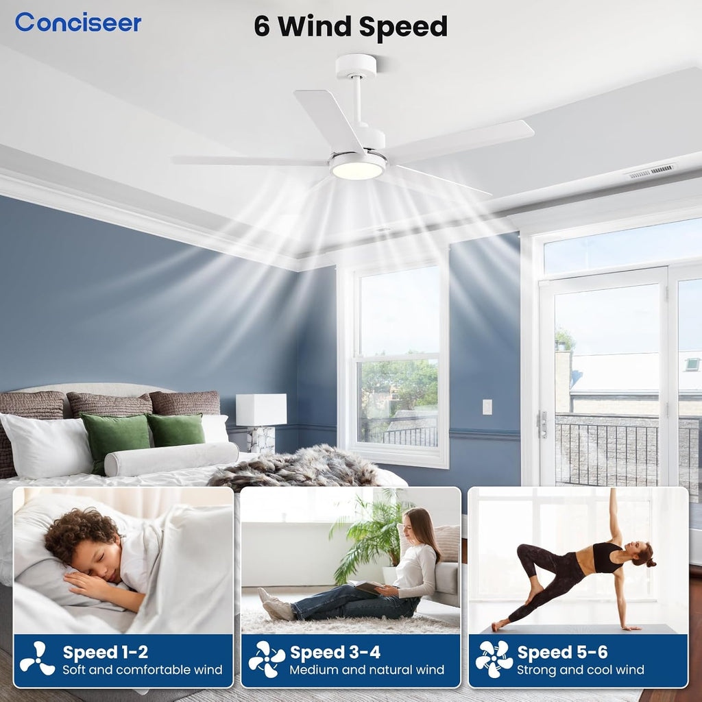 Conciseer Modern Ceiling Fans with Lights,52 Inch Ceiling Fans with Remote for Bedroom Living Room Kitchen, 18W 3CCT Dimmable，5 Blades 6 Speed Reversible Quiet DC Motor White