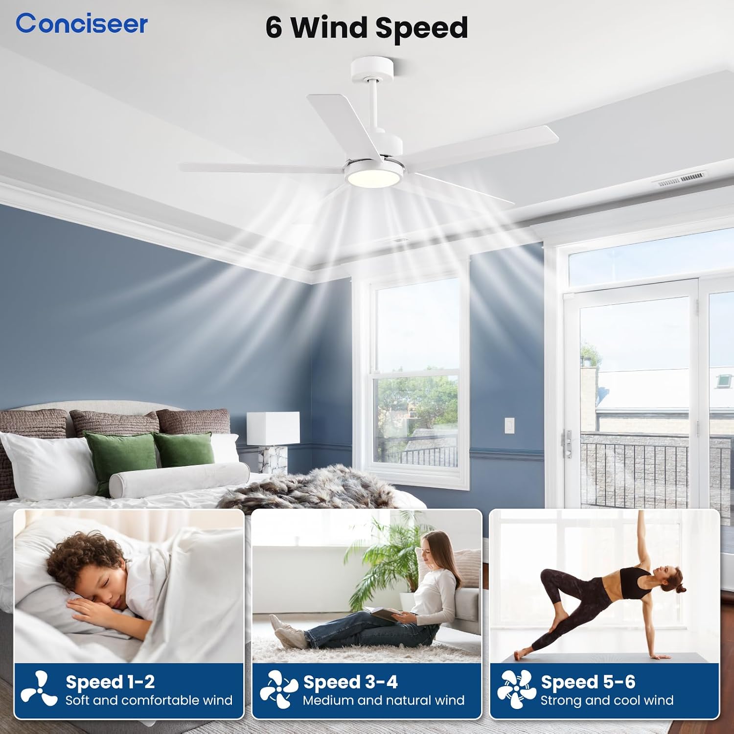 Conciseer Modern Ceiling Fans with Lights,52 Inch Ceiling Fans with Remote for Bedroom Living Room Kitchen, 18W 3CCT Dimmable，5 Blades 6 Speed Reversible Quiet DC Motor White