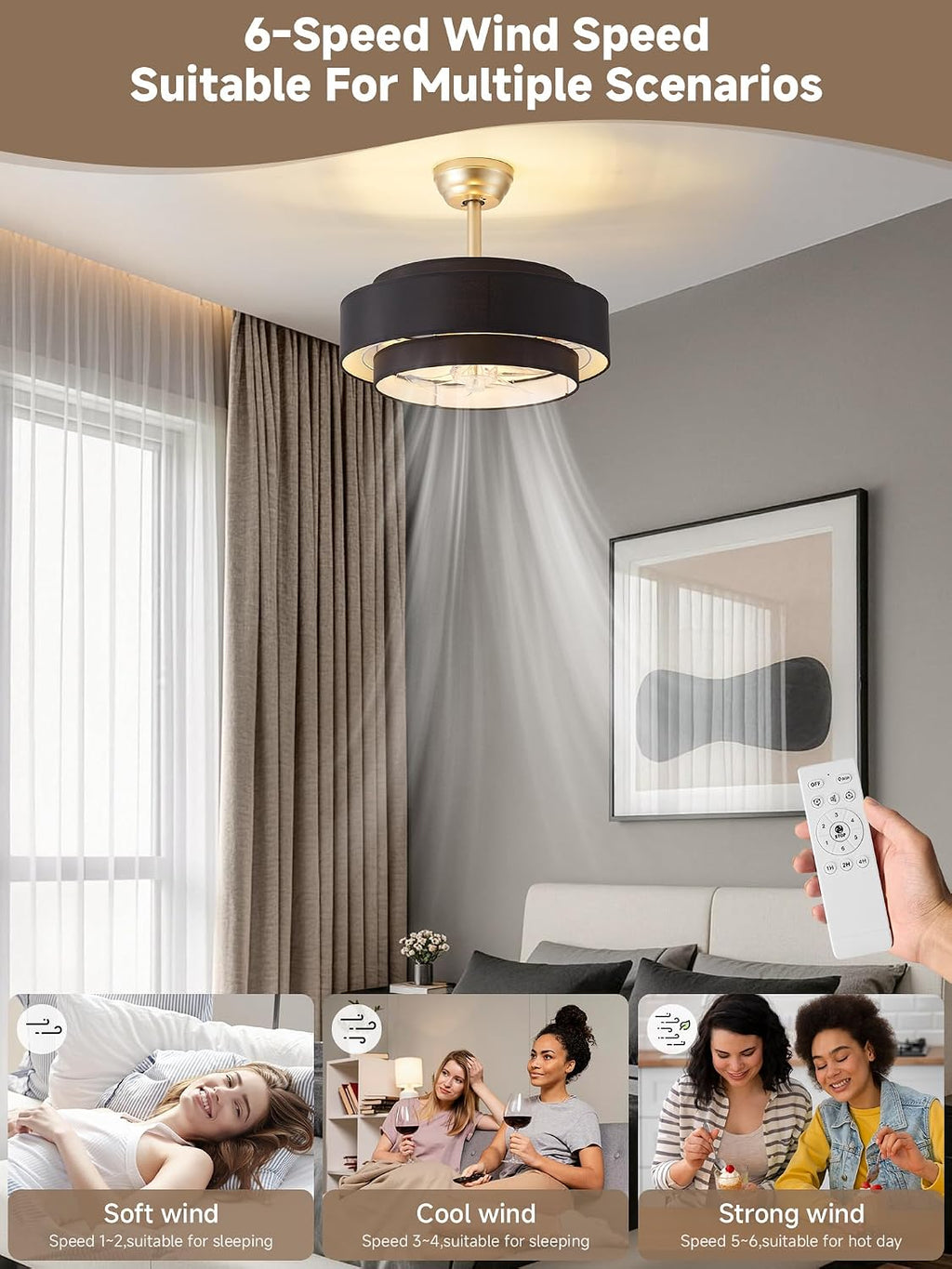 20' Boho Fandelier Ceiling Fan with Light, Caged Black Fandelier Ceiling Fans with Lights Remote Control with 6 Speeds for Bedroom, Nursery, Living Room