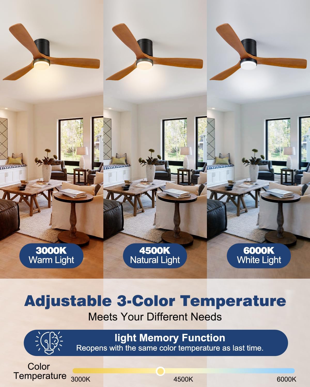 60 Inch Ceiling Fans with Lights Remote, 60' Flush Mount Outdoor Ceiling Fan Exterior, 3 Wood Blades, 6 Speeds, Timer, Quiet DC Motor Modern Low Profile Fan for Patio, 60in,Brown and Black