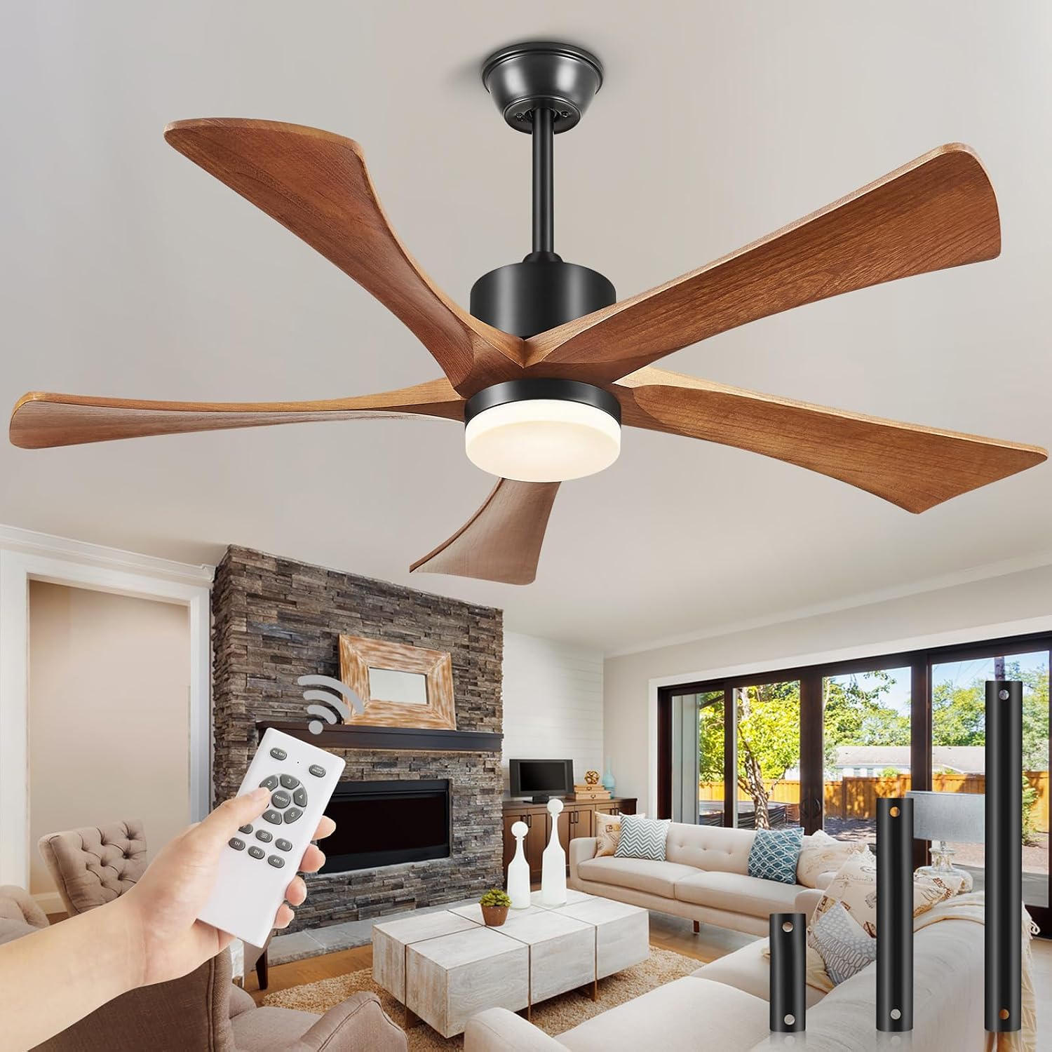 72 Inch Ceiling Fans with Lights and Remote, USA Original Patent 72' Large Ceiling Fan, 3 Downrods, 5 Wood Blades, ETL Listed, 6 Speeds Quiet DC Motor Outdoor Indoor Modern Fan, 72', Walnut