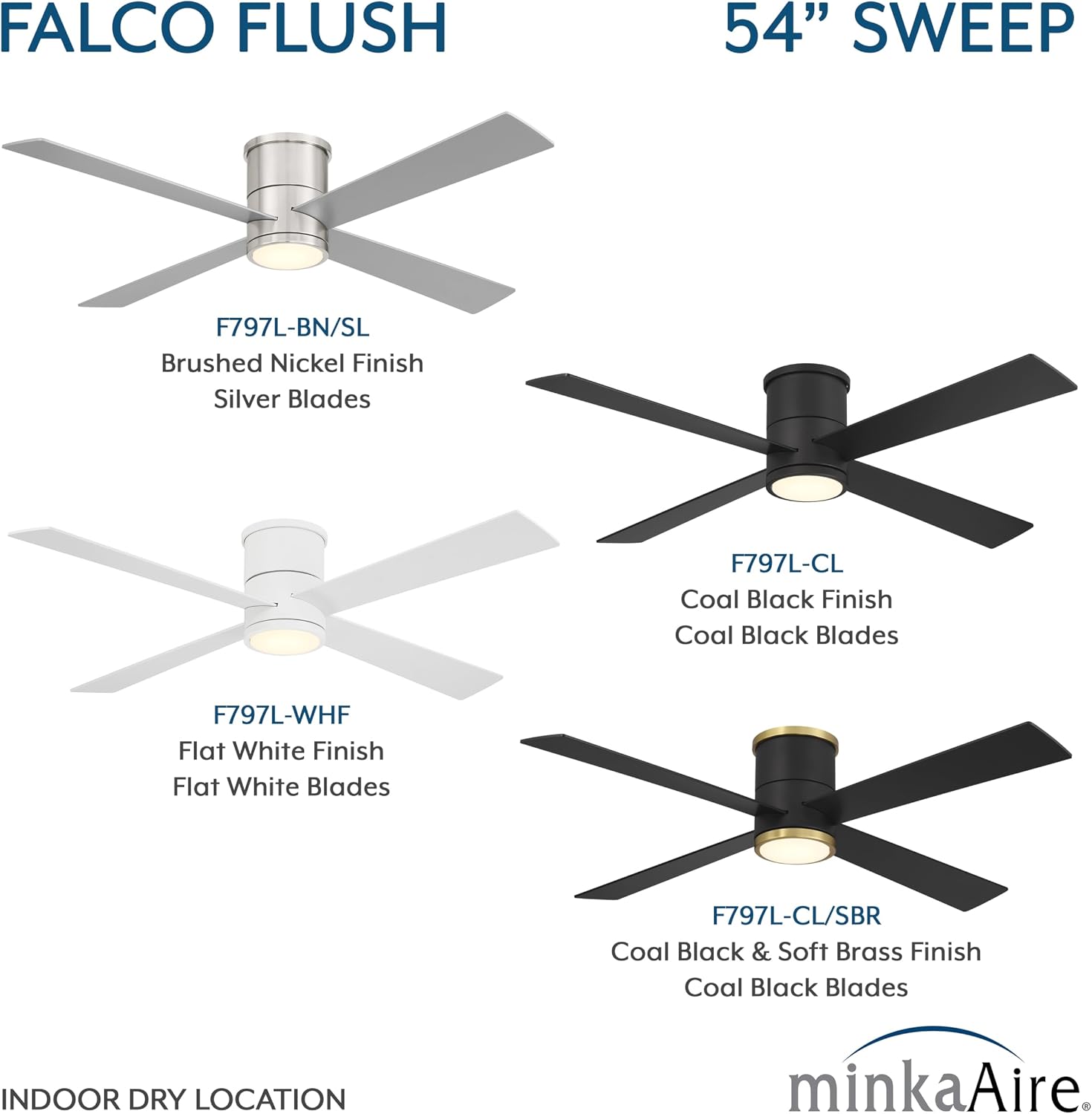 MINKA-AIRE F797L-CL/SBR Falco 54' 4-Blade LED Flush Mount Ceiling Fan - Coal and Soft Brass Finish with Etched Lens