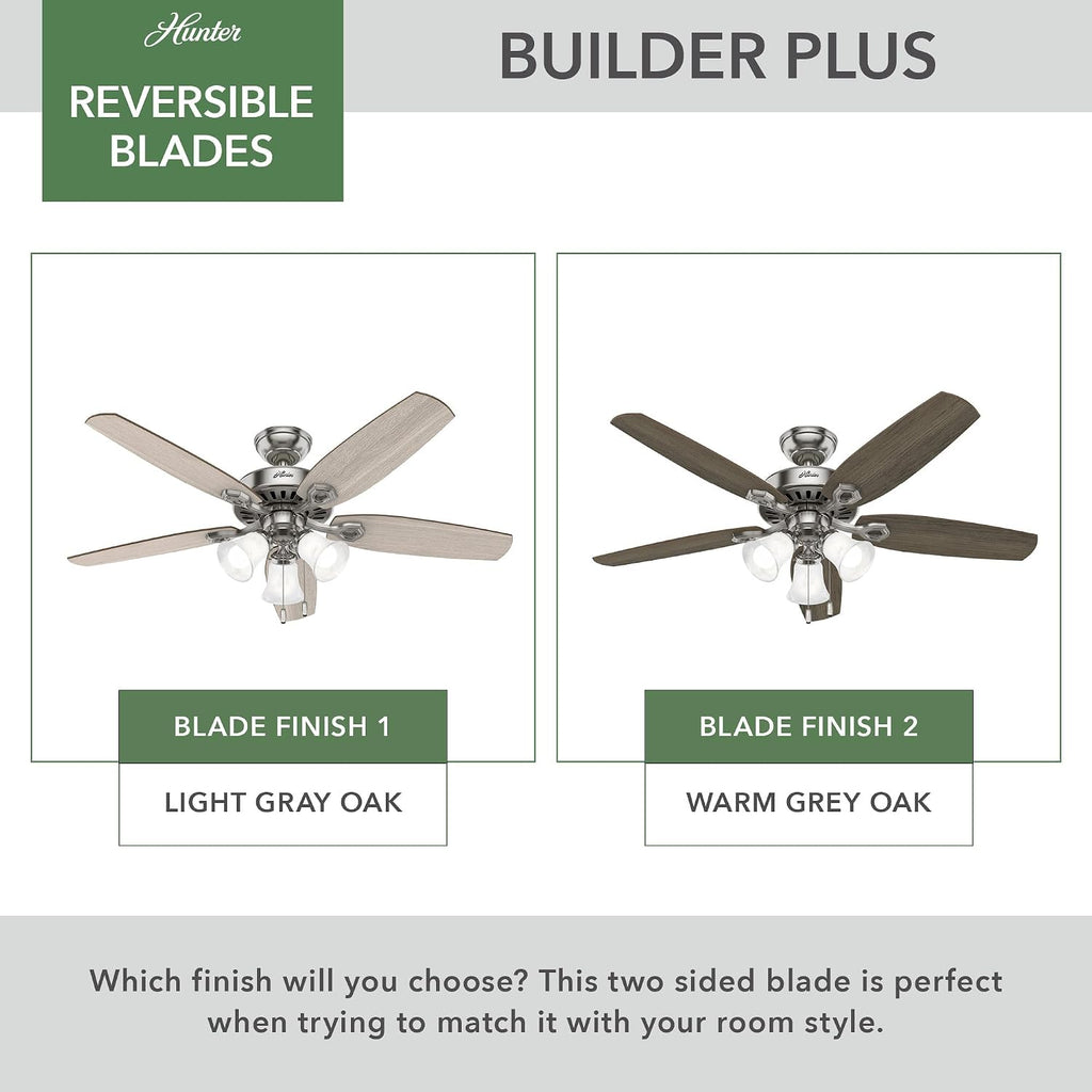 Hunter 52 inch Indoor Ceiling Fan with LED Lights - Ceiling Fan with Pull Chain, For Bedroom or Living Room, Standard Mount, No Remote, 5 Blades, Includes Bulbs - Builder Plus 51111, Brushed Nickel