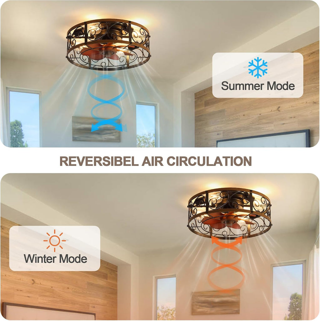 18'' Caged Ceiling Fan with Lights and Remote Flush Mount Farmhouse Ceiling Fan Low Profile Bladeless Fandelier Small Vintage Rustic Chandelier Reversible Motor 6 Speeds for Bedroom Kitchen