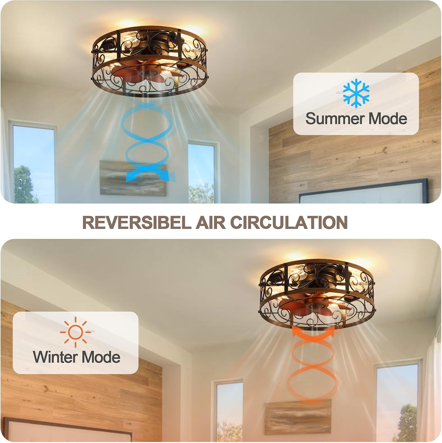 18'' Caged Ceiling Fan with Lights and Remote Flush Mount Farmhouse Ceiling Fan Low Profile Bladeless Fandelier Small Vintage Rustic Chandelier Reversible Motor 6 Speeds for Bedroom Kitchen