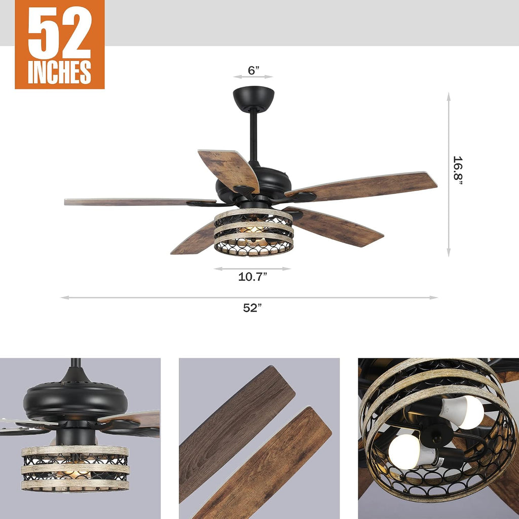 Parrot Uncle Ceiling Fans with Lights and Remote, 52 Inch Farmhouse Ceiling Fan with Light for Bedroom Living Room, Black Outdoor Ceiling Fans for Patios Covered, 3 Speeds, Reversible Airflow