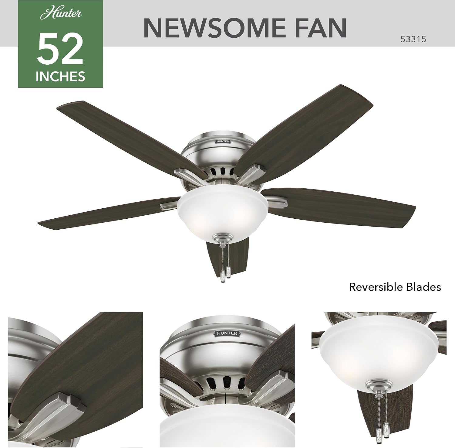 Hunter 52 inch Indoor Ceiling Fan with LED Light - Ceiling Fan with Pull Chain, For Bedroom or Living Room, Low Profile Flush Mount, No Remote, 5 Blades, Includes Bulbs- Newsome 53315, Brushed Nickel