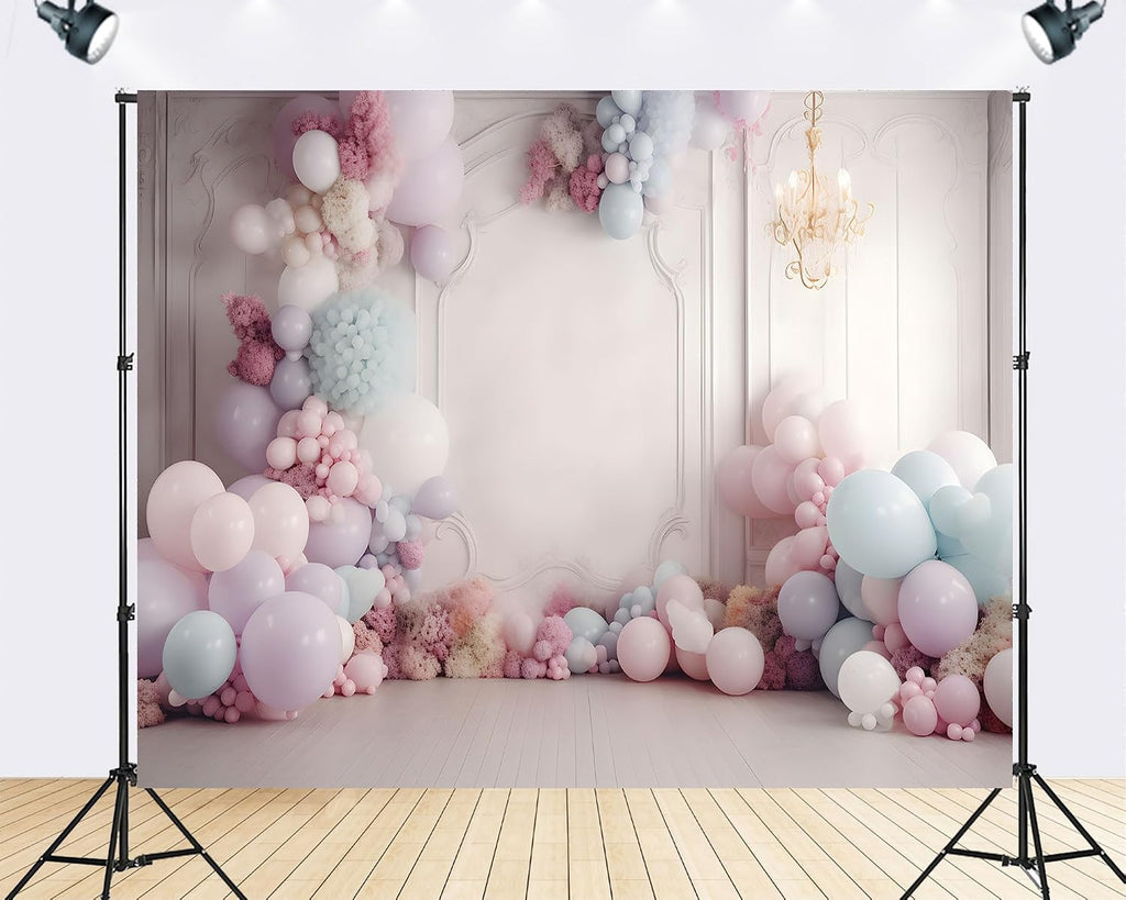 Trykid 20x10ft Pastel Balloon Arch Backdrop Soft Pink Blue Floral Whimsical Photography Background for Baby Shower Birthday Event Party Decoration Photo Booth Prop Fabric