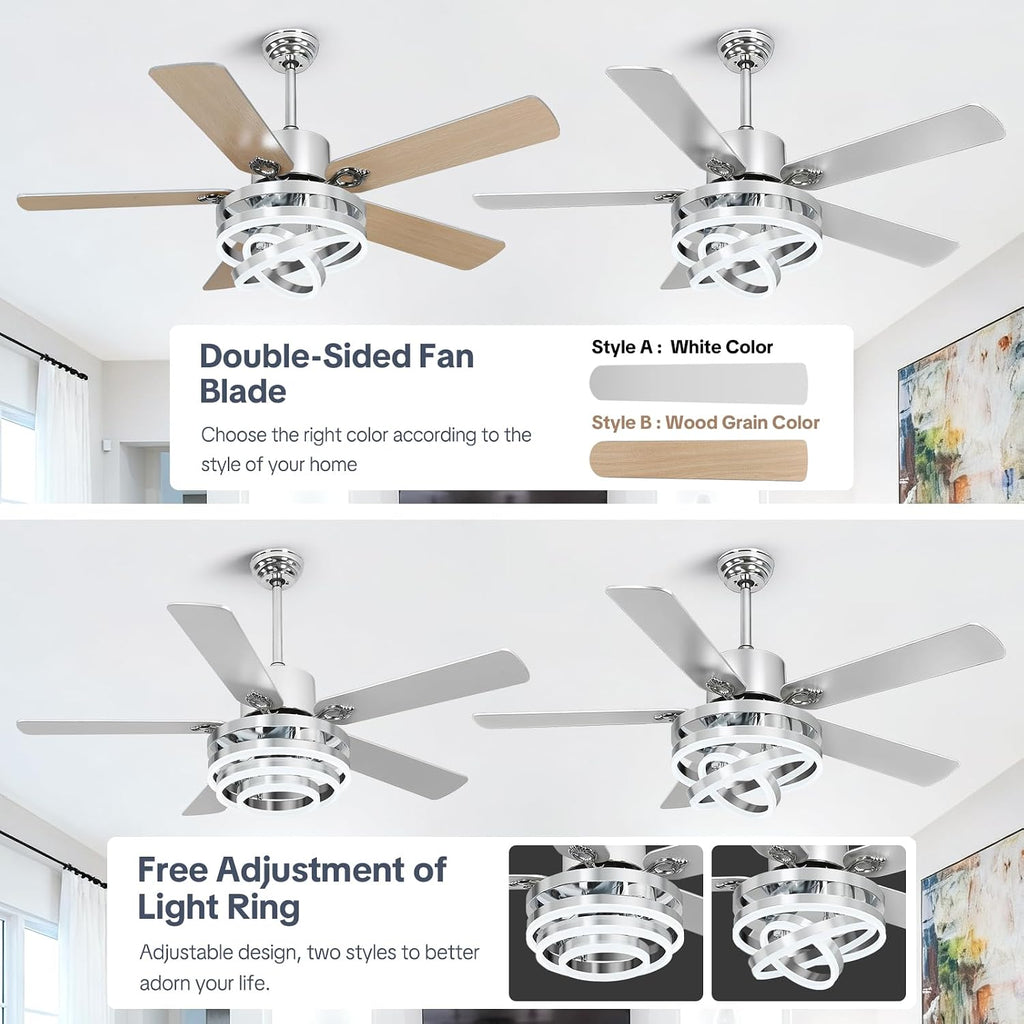 52' Ceilling Fan with Light Chandelier Fan Modern DC Motor Dimmable Led Fandelier Ceiling Fan with Light for Bedroom, Living Room Silver
