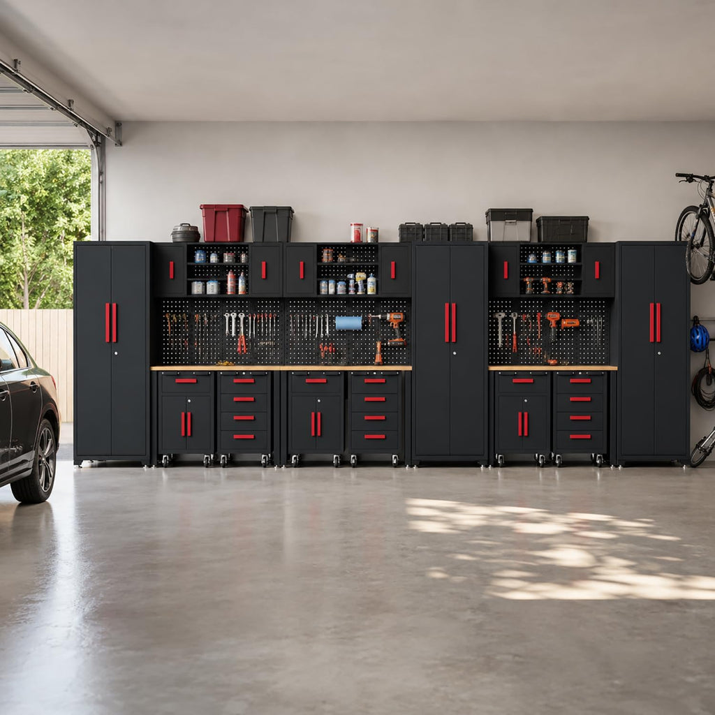 Garage Storage Cabinet System,18Pack Garage Cabinets and Storage System Included Steel Drawers Rolling Chest,Locked Storage Cabinet, Perfect for Organizing Garage and Tools, Red Handle