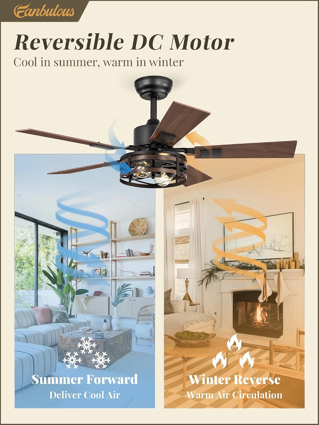 Fanbulous Farmhouse Ceiling Fans with Light, 42 Inch Bedroom Ceiling Fan with Lights, 6-Speed Adjustable, Quiet and Reversible DC Motor, Dual Finish 5 Blades, Rustic Caged Ceiling Fan for Living Room