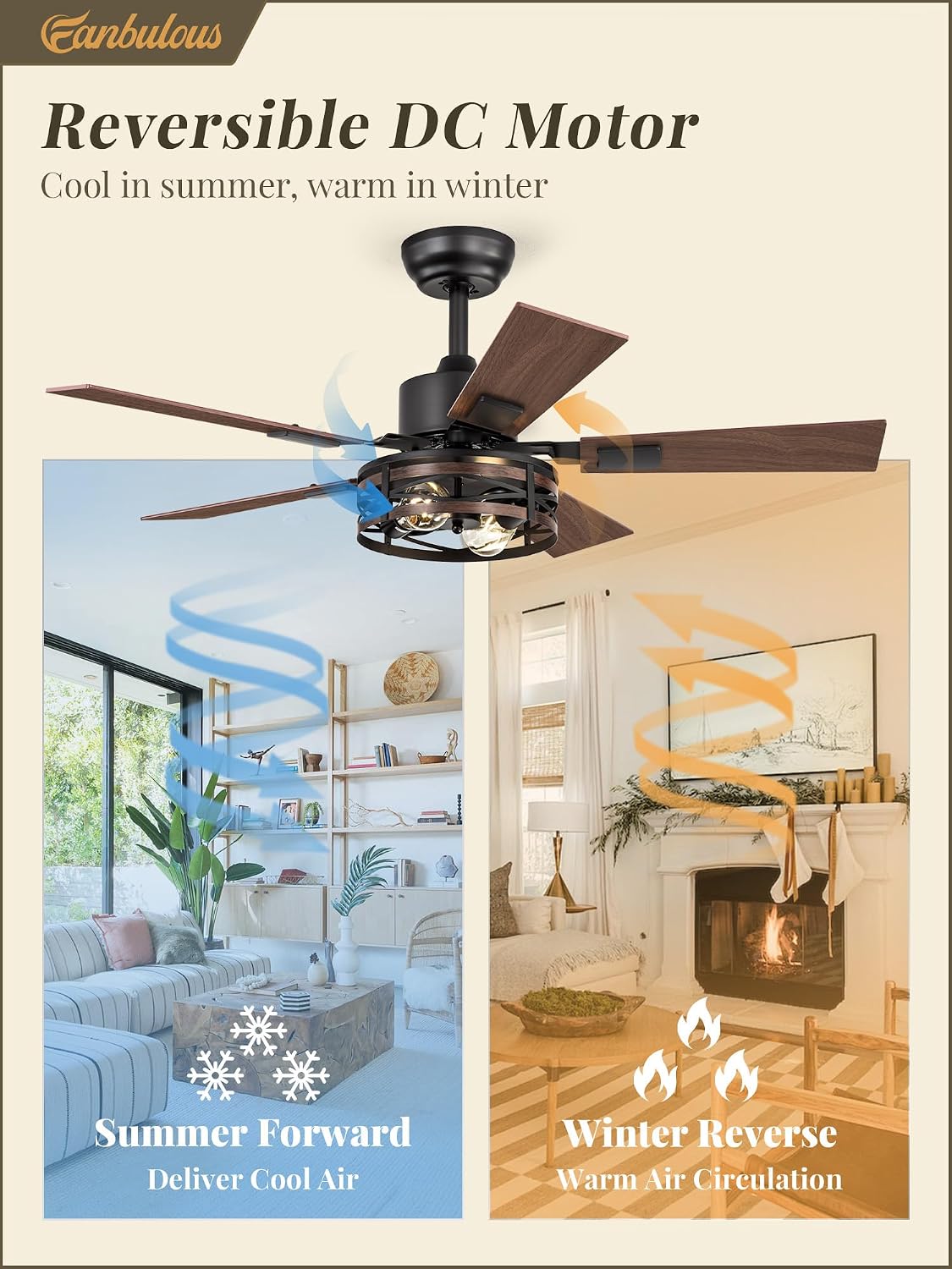 Fanbulous Farmhouse Ceiling Fans with Light, 42 Inch Bedroom Ceiling Fan with Lights, 6-Speed Adjustable, Quiet and Reversible DC Motor, Dual Finish 5 Blades, Rustic Caged Ceiling Fan for Living Room