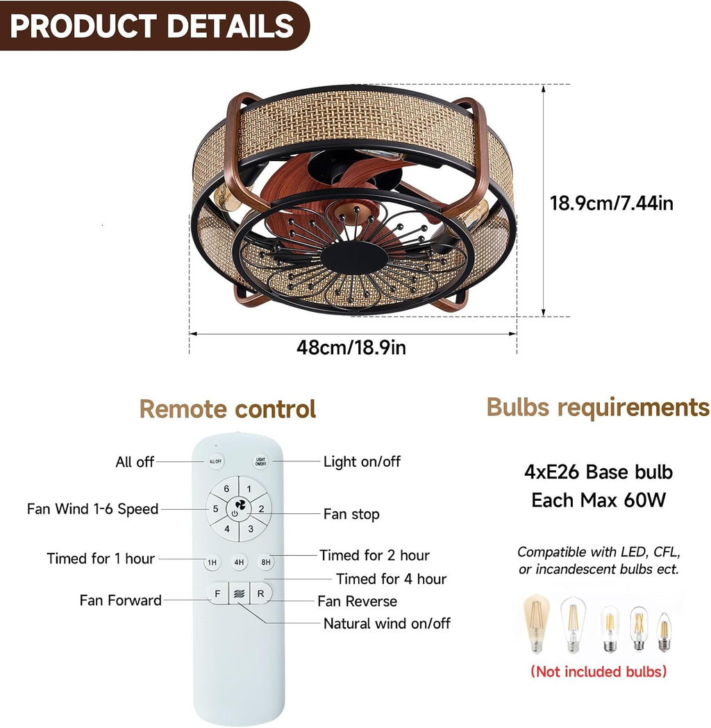 18.9in Boho Ceiling Fan with Lights Flush Mount Fandelier Ceiling Light with Fan Rattan Farmhouse Ceiling Fan Caged Fan Lighting with Remote Reversible 6 Speeds Motor E26 Base