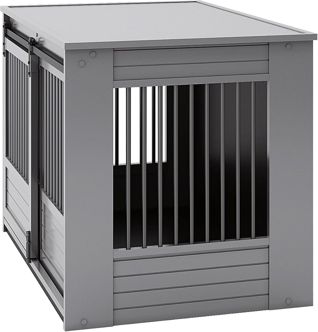 New Age Pet ECOFLEX® X-Large Barn Door Dog Crate & End Table, Indoor Furniture Style Kennel for Medium & Large Dogs, Durable Material in White and Grey